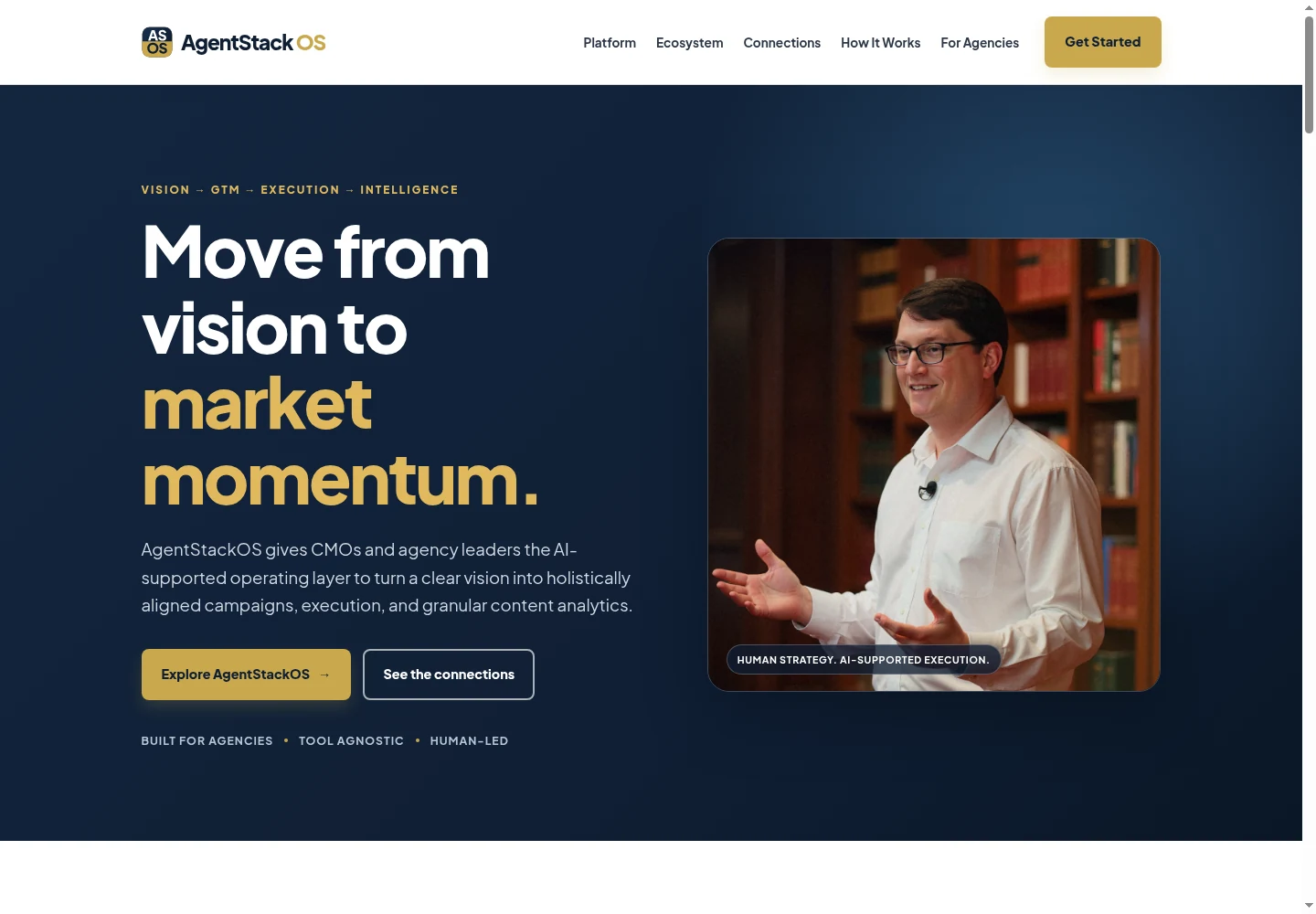 Screenshot of the AgentStackOS public homepage