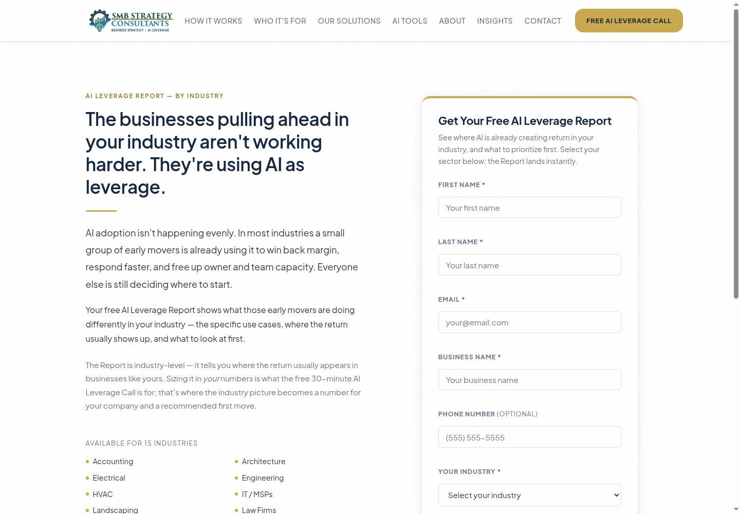 Screenshot of the AI Leverage Report public homepage