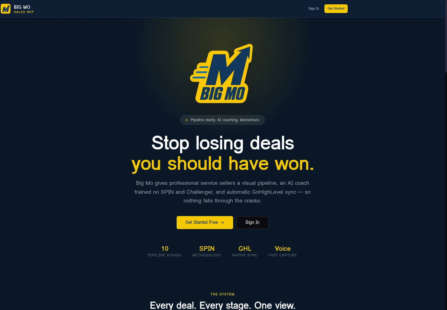 Screenshot of the Big Mo Sales Rep public homepage