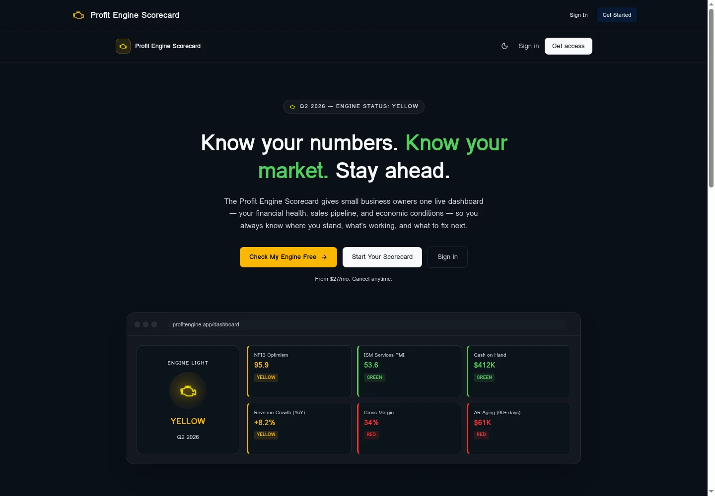 Screenshot of the Profit Engine Scorecard public homepage