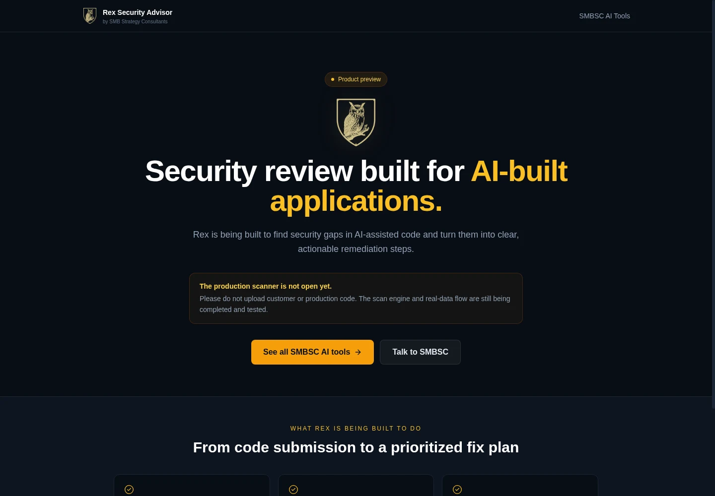 Screenshot of the Rex Security Advisor public homepage