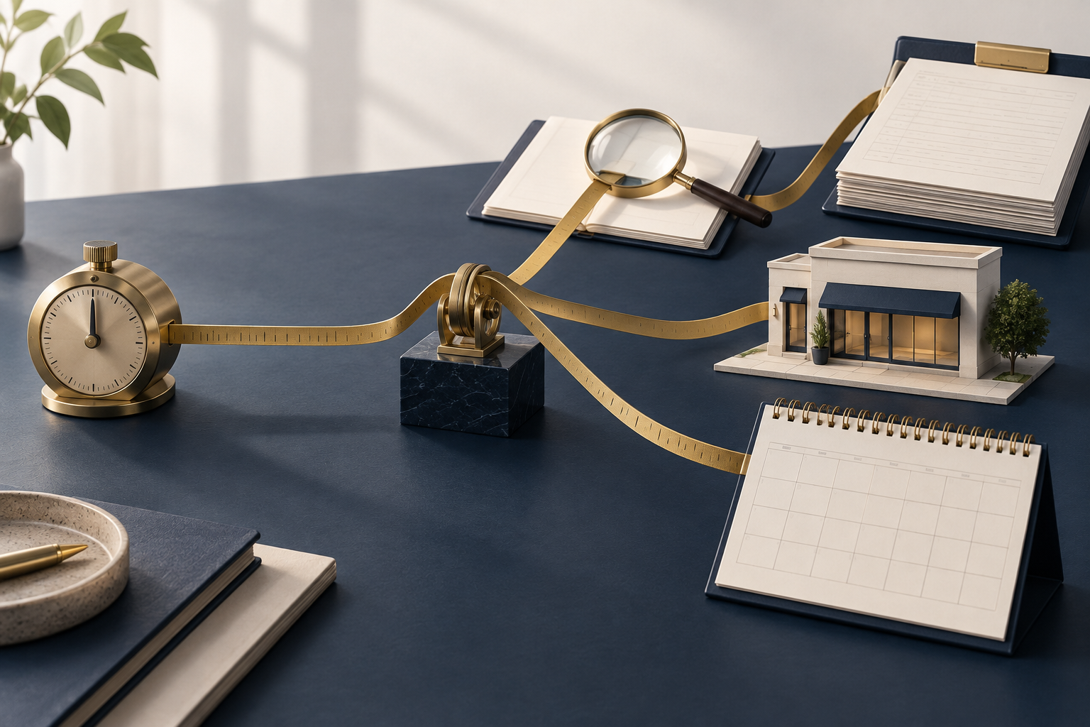 An editorial illustration connecting a timer through a brass pulley to financial records, customer capacity, and a calendar.