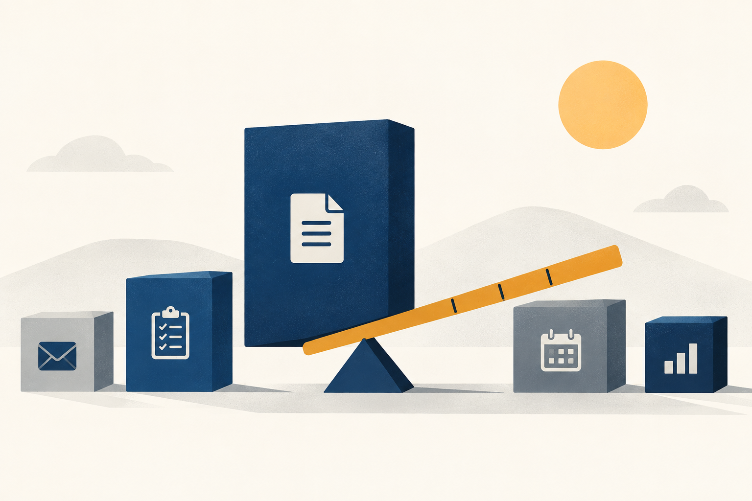 Editorial illustration of five blocks representing recurring business tasks, with a lever and fulcrum positioned under the largest one.