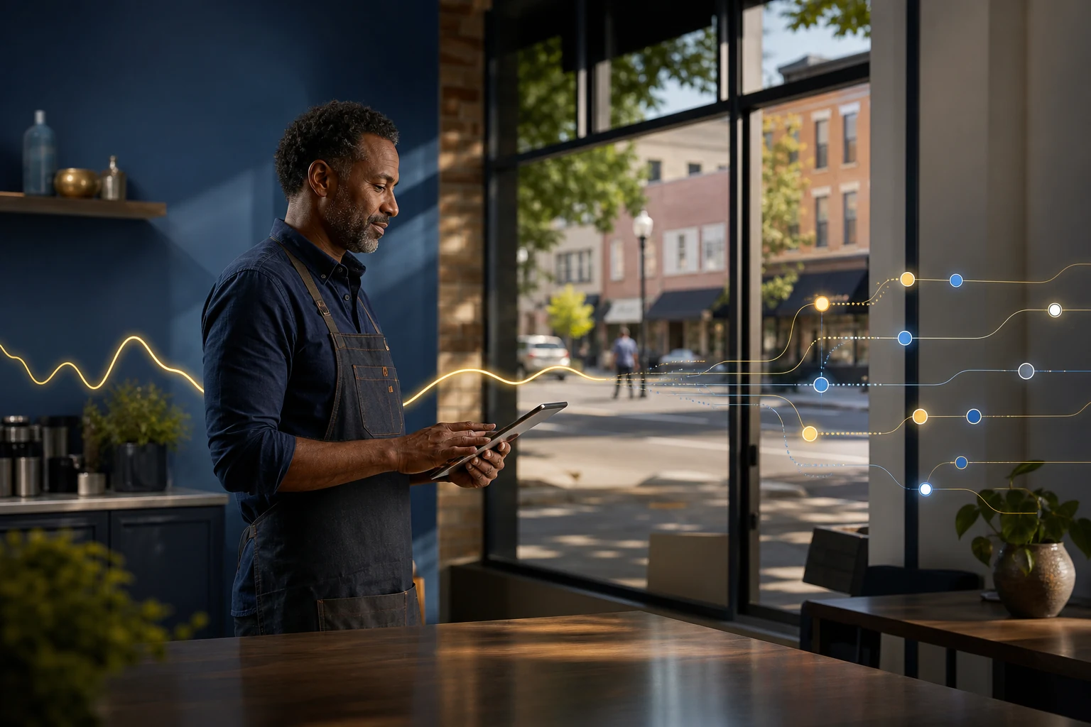 A Main Street business owner using a tablet as an economic pulse becomes an AI workflow network.