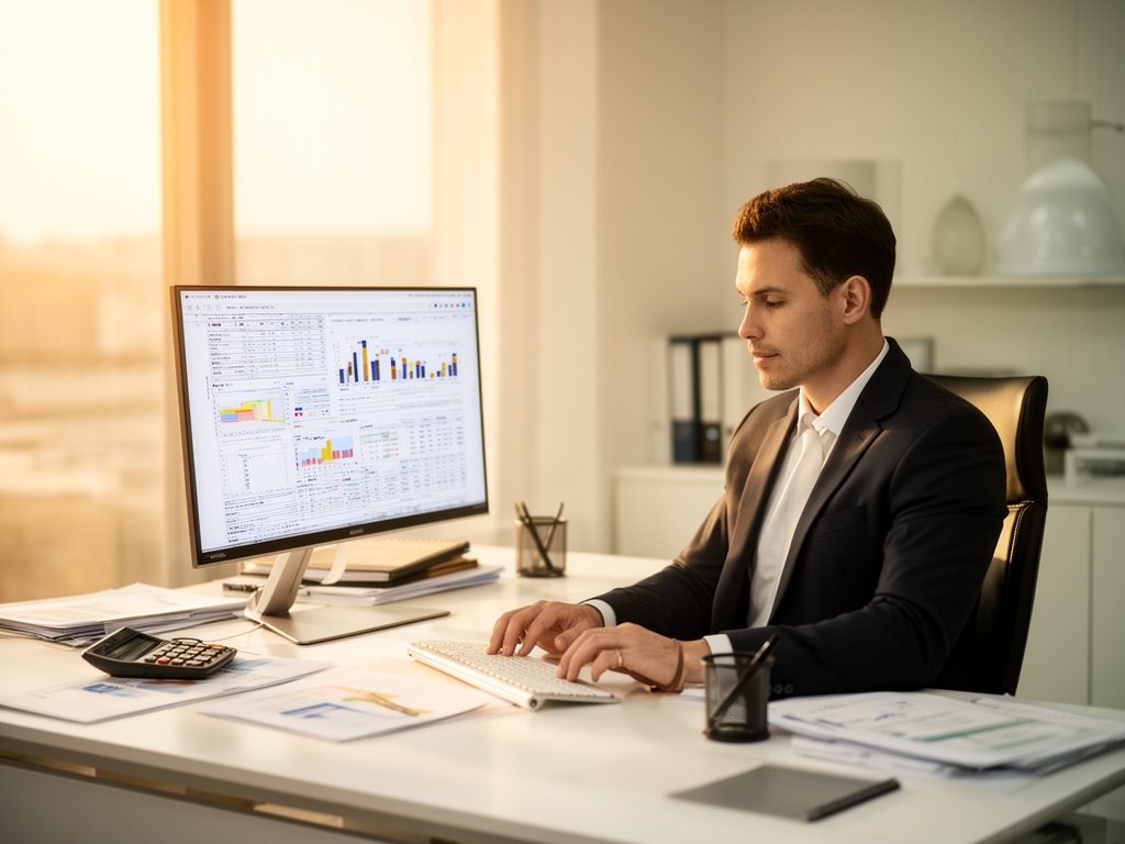 Business owner confidently reviewing financial reports