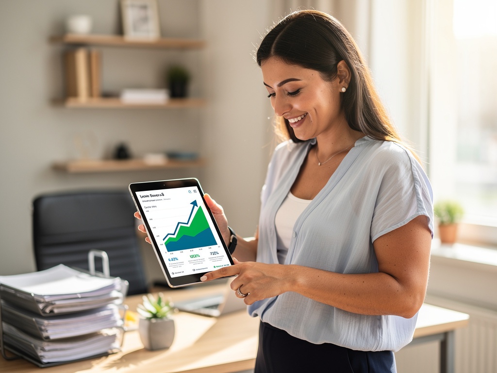 Business owner confidently reviewing metrics and growth data