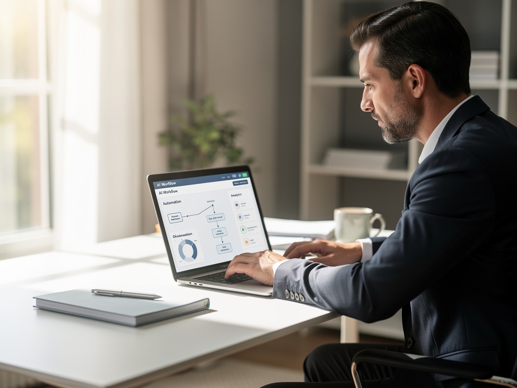 Professional reviewing AI workflow on laptop in calm office