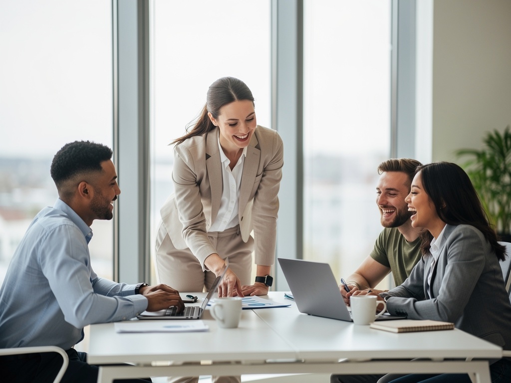 Engaged team collaborating independently in modern office