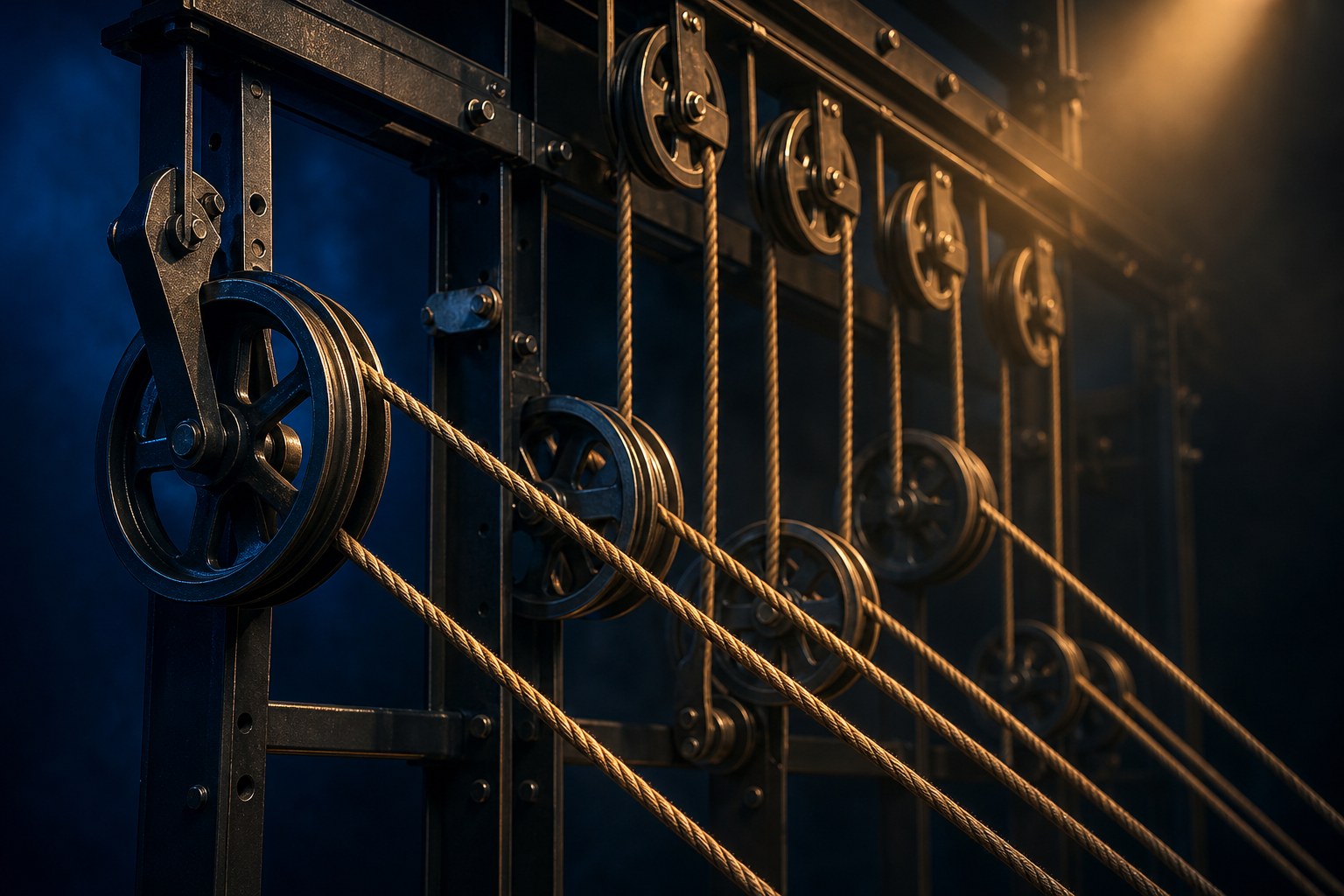 A coordinated system of pulleys working together — the leverage principle