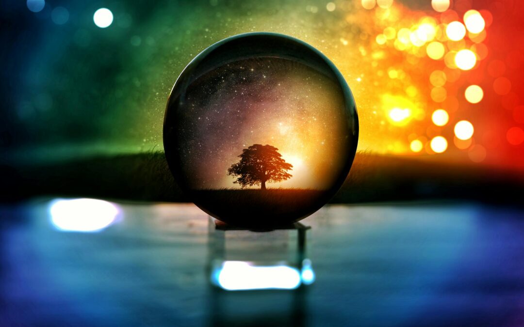 A mesmerizing scene of a tree and stars in a crystal ball with vibrant bokeh lights.